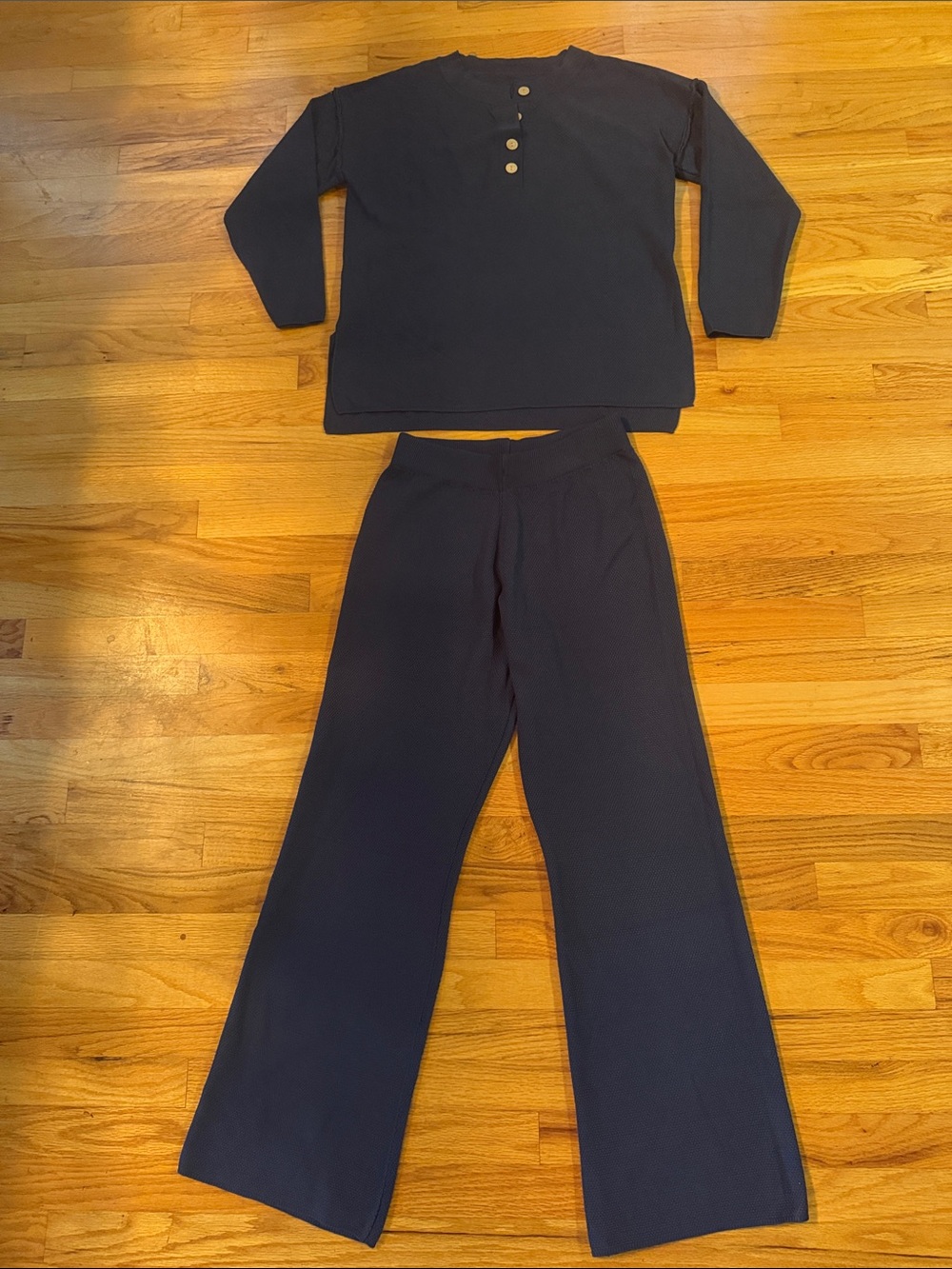 Women’s Dark Navy Two-Piece Lounge Set - Long Sleeve Top & Wide Leg Pants